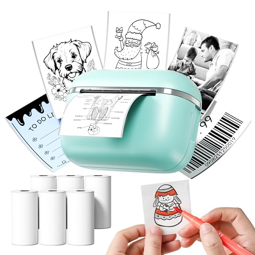Image of Mini Sticker Printer - T02E Thermal Sticker Printer with 6 Rolls Paper, T02E AI Smart Portable Bluetooth Inkless Printpods, for Kids DIY Journal, Diaries, Photos, Study Notes, Gift