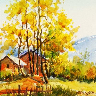 Amazon.co.jp: 絵画 水彩画 故郷の銀杏 【水彩画 直筆絵画】1点物