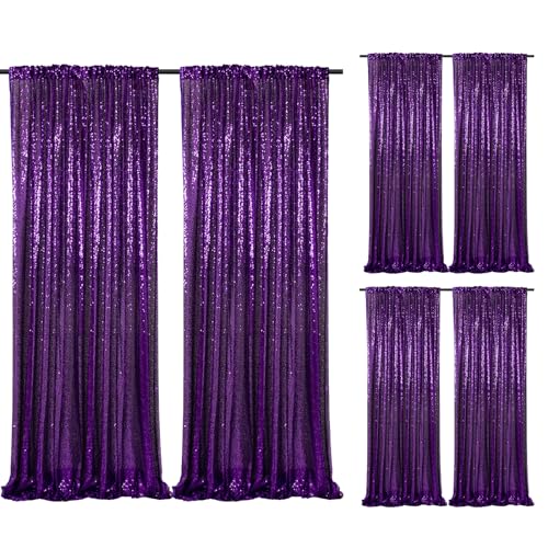 Image of Purple Sequin Backdrop Curtain 6 Pcs 2ftx8ft Sparkly Glitter Wedding Party Photography Background Drapes for Birthday Prom Decoration Christmas Party Decoration