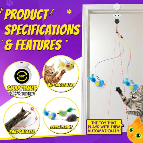 Image of Interactive Cat Toys for Indoor Cats, 2-in-1 Laser Pointer Cat Toy with Automatic Flying Bird & Mouse Wand, Adjustable Speed USB Rechargeable Doorway Hanging Toy for Bored Kittens and Adult Cats
