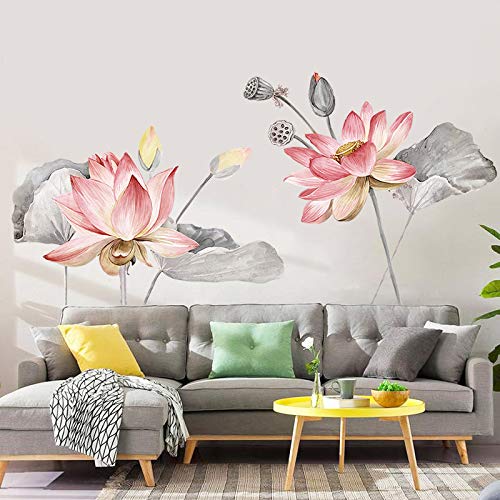 COVPAW® Wall Stickers Lotus Pink Lotusleaf Flower Floral Home Decor Lobby All Room Decal Removable Living Room Bedroom Corridor Stair