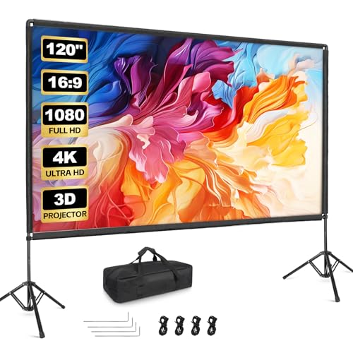 EMART Pantalla de Proyección con Soporte 120 Pulgadas, 16:9 4K HD Tela para Proyector de Doble Cara Adecuada para Ver Películas En Interiores, Reuniones y Eventos Al Aire Libre