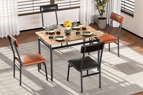 Garvee Dining Table Set for 4, 5 Piece Wooden Dining Table and Chairs, 4 PU Upholstered Chair, Modern Metal Frame Dinette Set for Dining Room, Home Dinner, Party, Apartment, Brown + Black