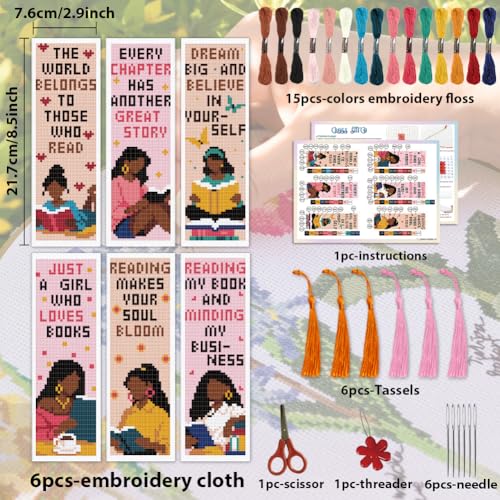 Image of ACRNIGHEET 6PCS Cross Stitch Bookmark Kit for Beginner Women Reading Stamped Cross Stitch Kits Needlepoint Kit for Adults DIY Tassel Embroidery Bookmark Kits with Instructions Craft Gift 8.5 inchx3 inch 11CT