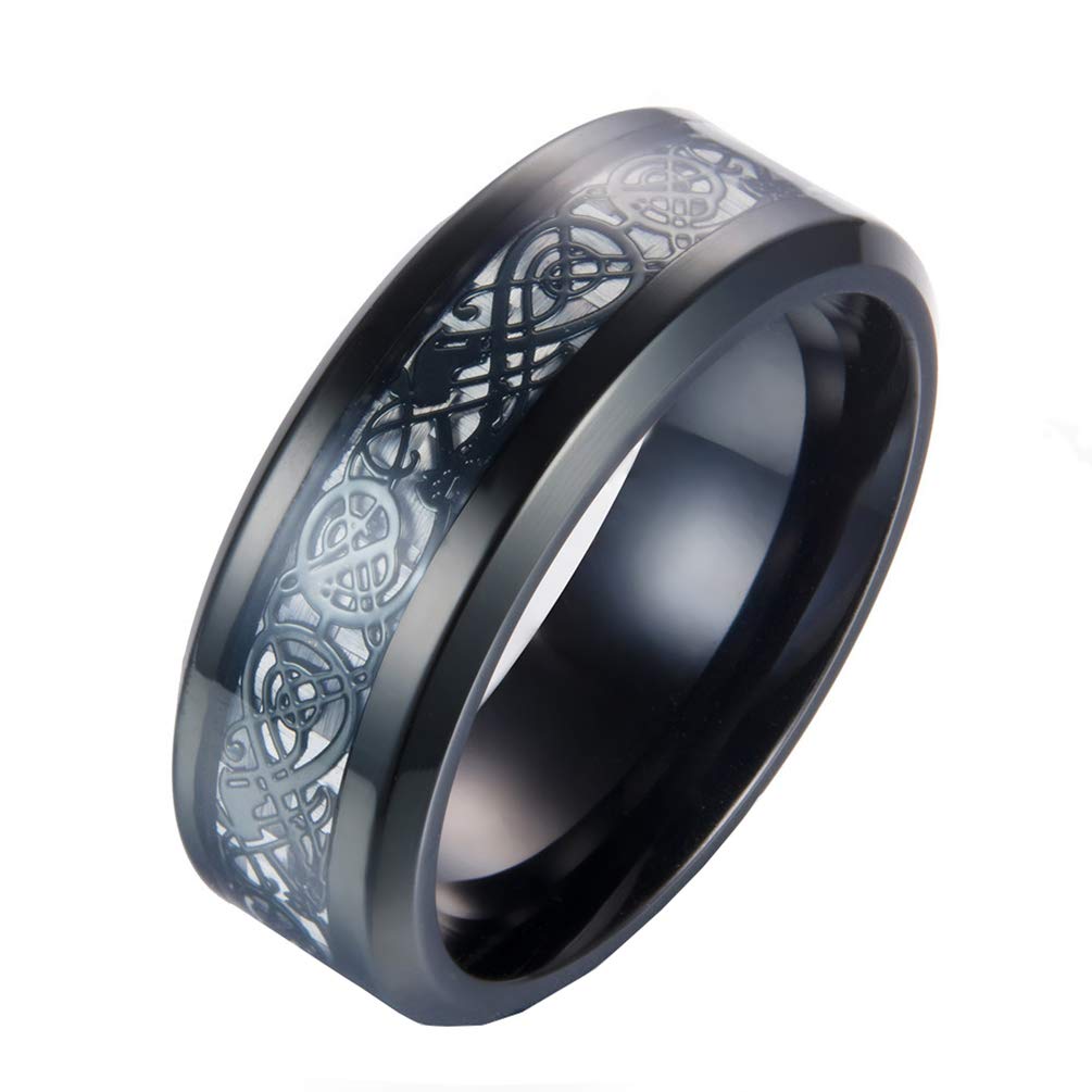 HIJONES Men's Tungsten Carbide Celtic Dragon Ring - Black Carbon Fiber Wedding Band, Comfort Fit, Scratch Resistant - View #8