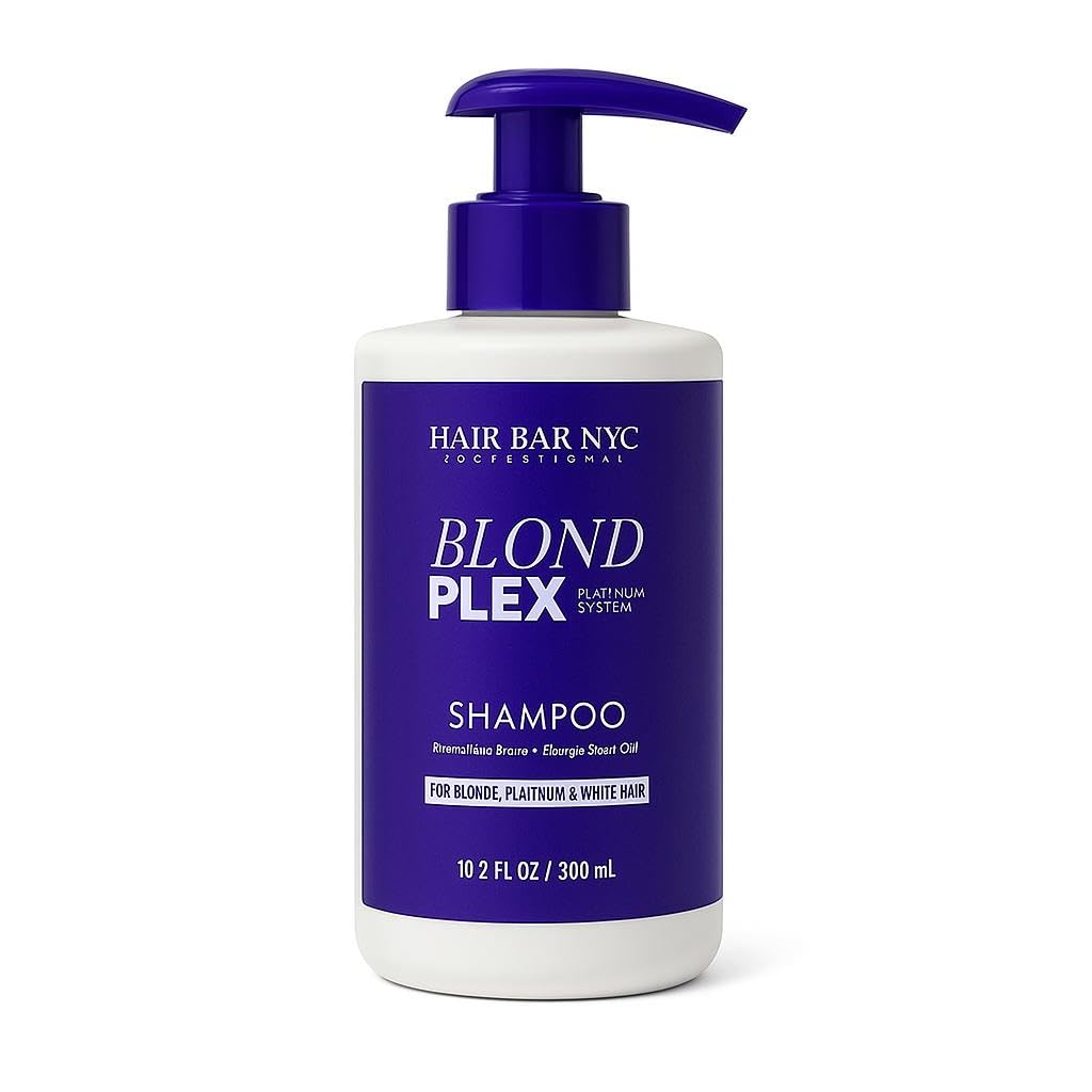 Hair Bar NYC Blond Plex Platinum Shampoo 10.2 fl oz / 300 ml – Keratin & Hemp Bond-Repair Purple Shampoo for Blonde, Platinum & White Hair – Neutralizes Brass, Strengthens & Adds Shine
