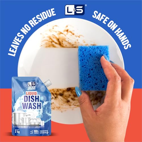 Image of L&S Lite Liquid Dish Wash | 2 kg Refill Pouch | Tough on Grease, Safe on Hands | Concentrated Dishwashing Gel for Sparkling Clean Utensils (LITEDISHWASH 2KG 01)