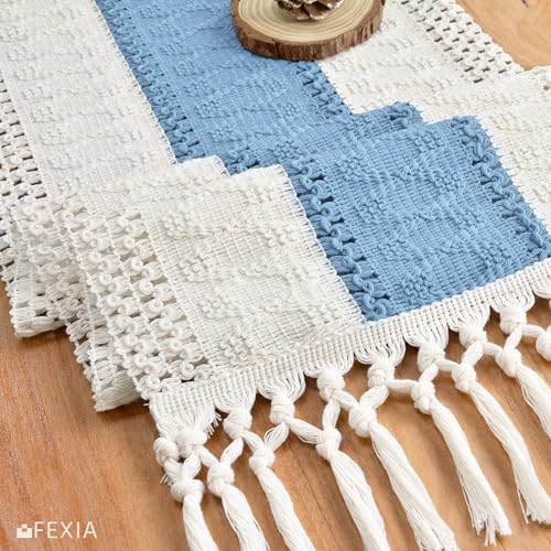 Image of FEXIA Summer Table Runner Light Blue for Home Decor with Tassels 72 Inches Farmhouse Long Rustic Table Runner Macrame Burlap Centerpieces for Tables Decoration for Baby Shower(12x72 Inches)