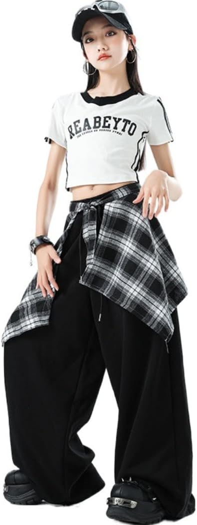 キッズ ダンス衣装 ヒップホップ 黒 白 字母柄 半袖 へそ出し クロップド Tシャツ ワイドパンツ チェック柄 腰巻き Y2K 子