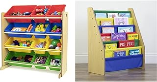 Humble Crew, Natural/Primary Kids' Toy Storage Organizer with 12 Plastic Bins & Humble Crew Super Sized Kids Bookshelf, Natural