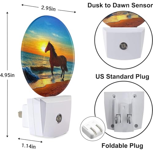 Image of Beautiful Sunset Nightlight Brown Horse Running by The Sea Night Lights Plug into Wall Dusk to Dawn Sensor Round Night Light for Adults Boys Girls, 0.5W Energy Efficient