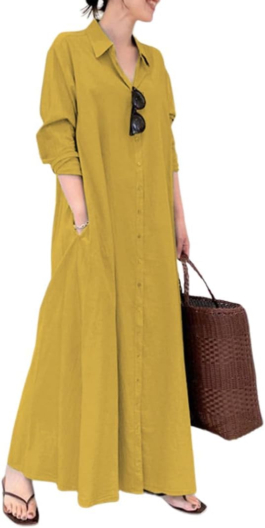 Womens Long Sleeve Cotton Linen Maxi Shirt Dress Plus Size Casual Loose Lapel Button Down Long Dress with Pockets