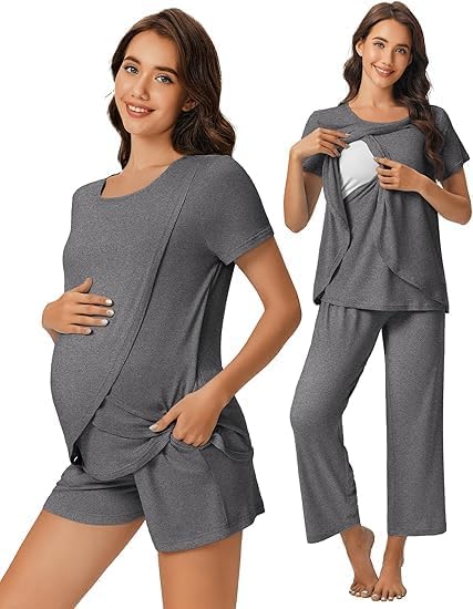 ELESOL 3 PCS Maternity Nursing Pajamas Set Postpartum Breastfeeding Short Sleeve Shirts, Pregnancy Shorts & Pants Pjs S-XXL