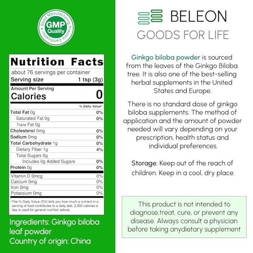 Image of Ginkgo Biloba Powder 8 oz - Pure Natural Supplement, Brain Support, Mental Alertness, Filler Free