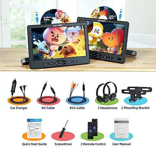 DESOBRY Auto DVD Player 10,5 Zoll 2 Monitore Kopfstütze 2 Kopfhörer HDMI Eingang AV Kabel, Kinder Fernseher Unterstützt 1080P, Auto-Bildschirm Unterstützung USB/SD, Last Memory
