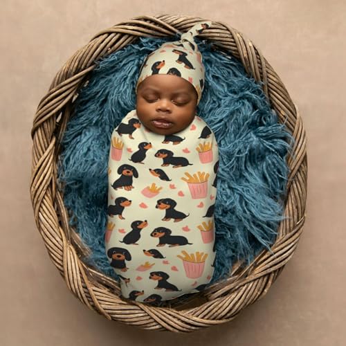 Image of Cartoon Adorable Dachshunds Newborn Swaddle Blankets Hat Sets Soft Baby Receiving Blanket Swaddle Sack for Baby Shower Infant Boy Girl Gift