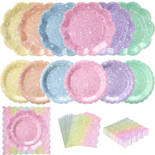Skybooly 72 Pcs 24 Guests Pastel Glitter Party Plates and Napkins Scalloped