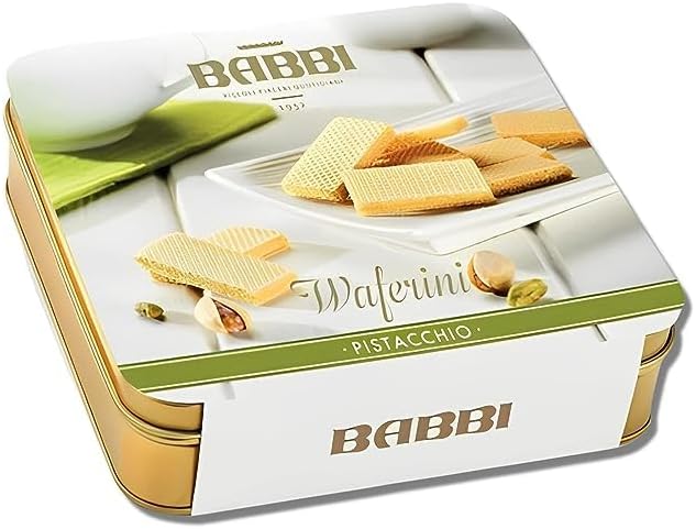 Babbi Waferini Pistachio in Gold Tin - Italian Pistachio Wafer Cookies - Crispy Pistachio Cream-filled Wafer - Crunchy & Groument Pistachio Snacks from Itely - Holiday Food Gift for Kids (6.7 oz)