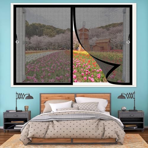 Cortina Mosquitera Magnética 154 x 120 cm Evita El Paso de Insectos, para Dejar Pasar El Aire Mosquitera Magnetica Ventana para Puertas de Salón Balcón Corredor, Negro