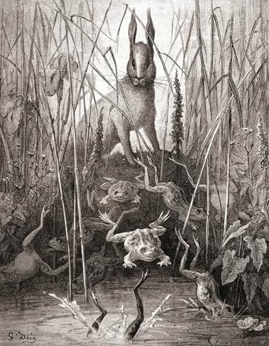 Impression sur toile Gustave Doré le lièvre et les grenouilles peinture salon haut de gamme