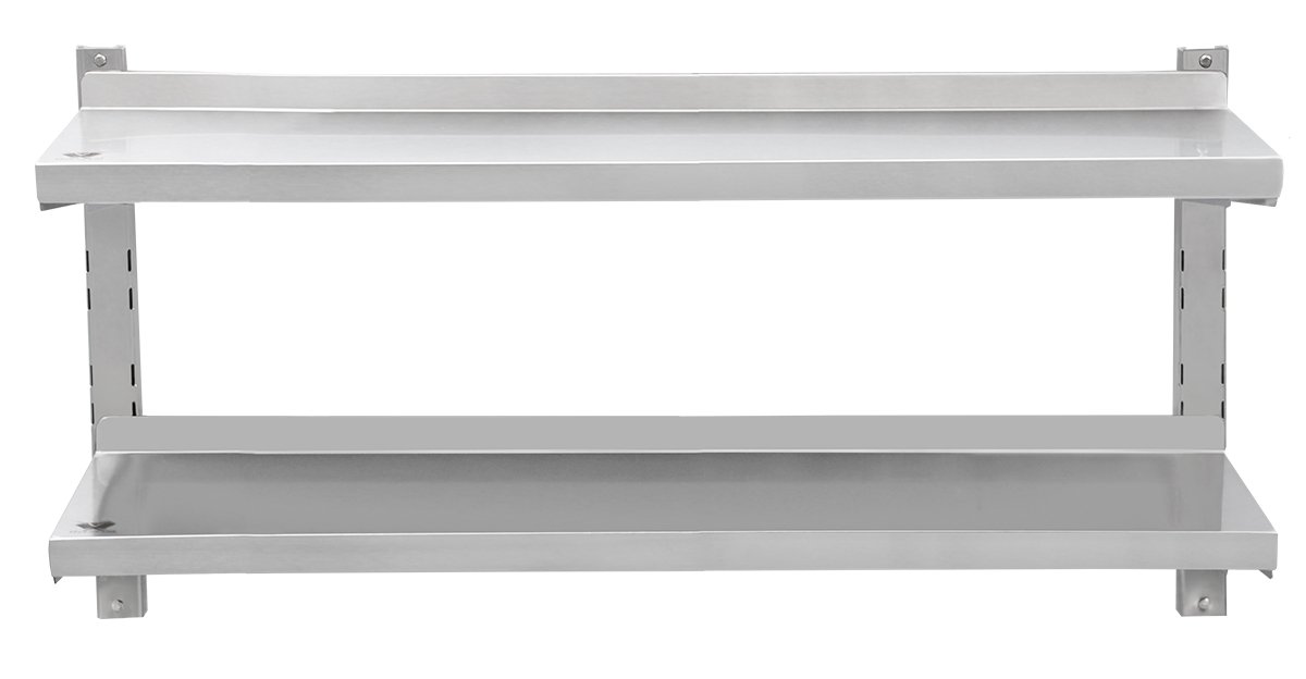 Beeketal 'BWR-6' Gastro Edelstahl Küchen Wandregal 1200 mm Länge x 320 mm Tiefe, 2 Ablageflächen mit je 35 kg Tragkraft, rückseitige Aufkantung, 4-Fach höhenverstellbar, inkl. Wandmontagematerial