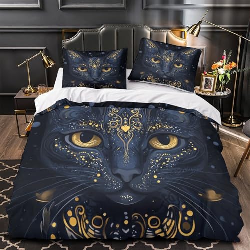 Housse de couette chat noir 140x200cm lit enfant avec parure de lit microfibre 3D
