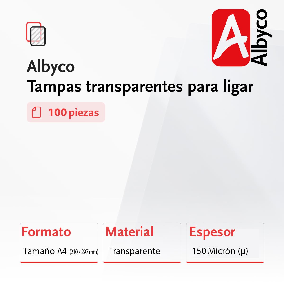 Albyco Cubiertas Transparentes Brillantes, Portadas para Encuadernar de PVC Grosor 0,15 mm/150 Micras, Tamaño A4 (210 x 297 mm), Hojas plastico PVC