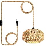 IHENGYANLT Plug in Pendant Light Rattan Hanging Lamp with Switch,Mini Rattan Boho Semi Flush Mount Ceiling Light,Hand Woven Hallway Light Fixtures for Bedroom Entryway Kitchen