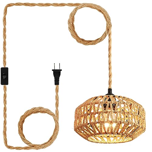 IHENGYANLT Plug in Pendant Light Rattan Hanging Lamp with Switch Mini Rattan Boho Semi Flush Mount Ceiling Light Hand Woven Hallway Light Fixtures for Bedroom Entryway Kitchen