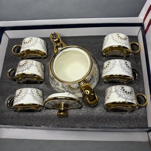 Image of Porcelain Tea Set with Gold Trim, White with Floral Pattern, 6 Cups with Teapot, Decorative Design