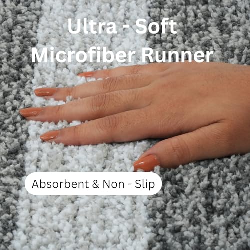 Image of Pano Textured Striped Runner Rug 45x130 cm Grey | Anti-Skid, Super Soft & Ultra Absorbent Floor Runner | Quick Dry & Washable Runner for Bathroom, Kitchen, Bedroom & Living Room