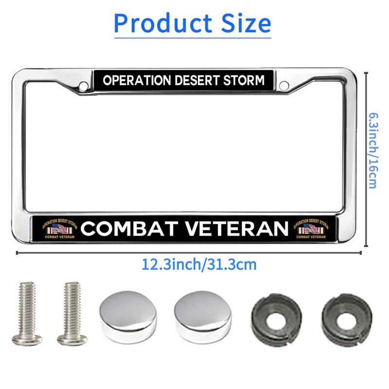 Image of Desert Storm Combat Veteran License Plate Frame, Stainless Steel Tag Cover | Recognize military service with this durable metal Desert Storm Combat Veteran license frame, weather-resistant.