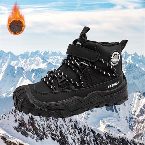 Childrens Chunky Sole Slip On Booties with Lace-Up Kids Boys Fuzzy Fleece Lined Warm Short Boots Winter Outdoor Shoes3