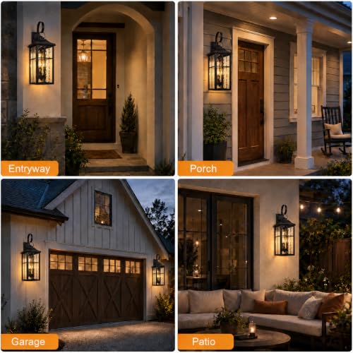 Image of 2 Pack Dusk to Dawn Outdoor Wall Lights, 23.9 inch Black | Waterproof Exterior Lantern with Water Ripple Glass, Modern Wall Light Fixture Mounted, Large Outside Light for Garage Patio