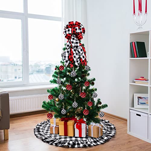 Lazo topper y falda de árbol de Navidad a cuadros de búfalo para decorar sin esfuerzo 5