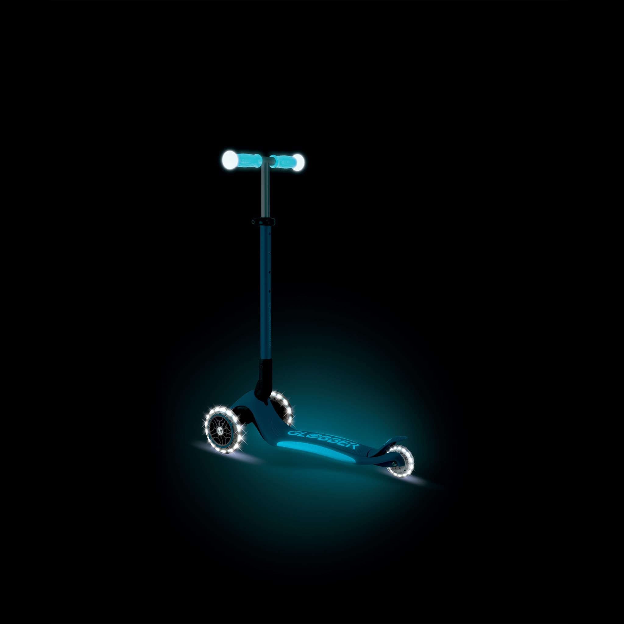 GLOBBER Elite Glow Lights hulajnoga dla dzieci, 120/80 mm, 3-kołowa, regulowana, kółka LED, efekt świecenia, petrol