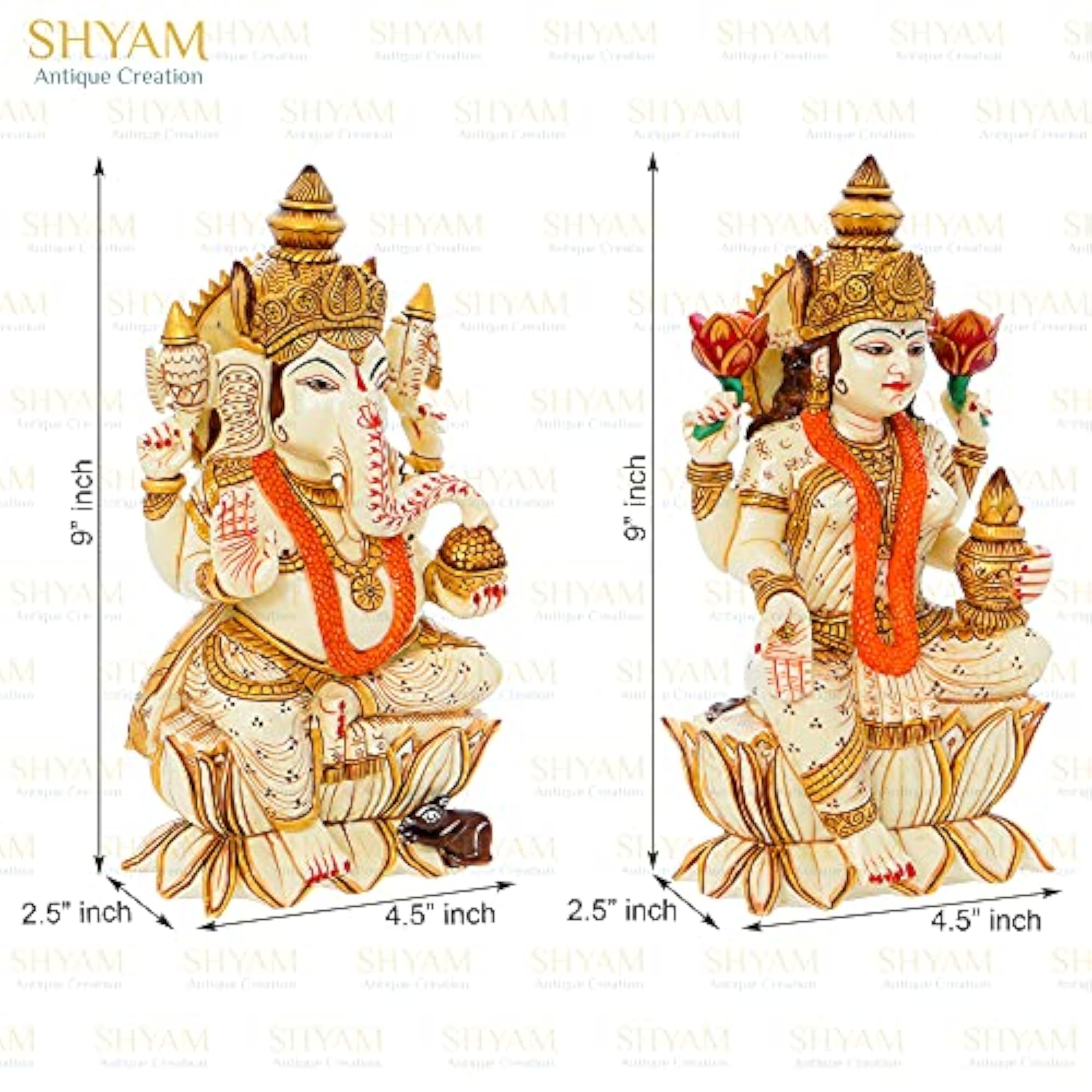 9-Inch Hand Painted Lakshmi Ganesh Statue Pair