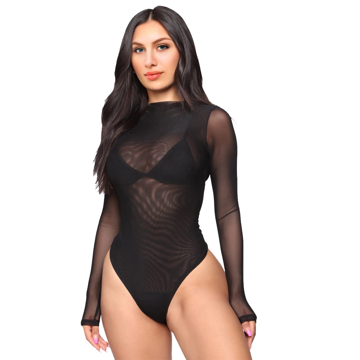 Women Long Sleeves Bodysuit Stretch Sheer Mesh See Through Black Jumpsuit Top Leotard Clubwear