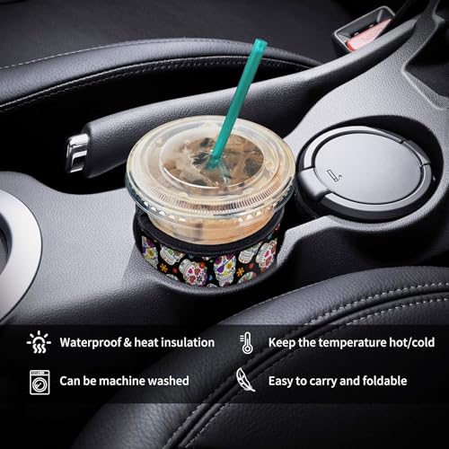 Image of 3 Pack Reusable Neoprene Insulator Sleeve for Iced Coffee Cups, Funny Coffee Cup Sleeves for 16-32oz Coffee cups, Cute Drink Sleeve for Cold Hot Beverages Cute Floral Skull