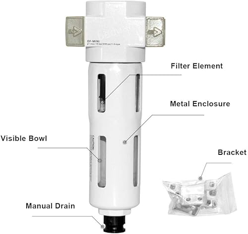 Miniatura 3 de Beduan Filtro de partículas comprimidas en línea de aire de 14", filtro de trampa de agua de humedad con cuenco visible,Drenaje semiautomático (MINI)