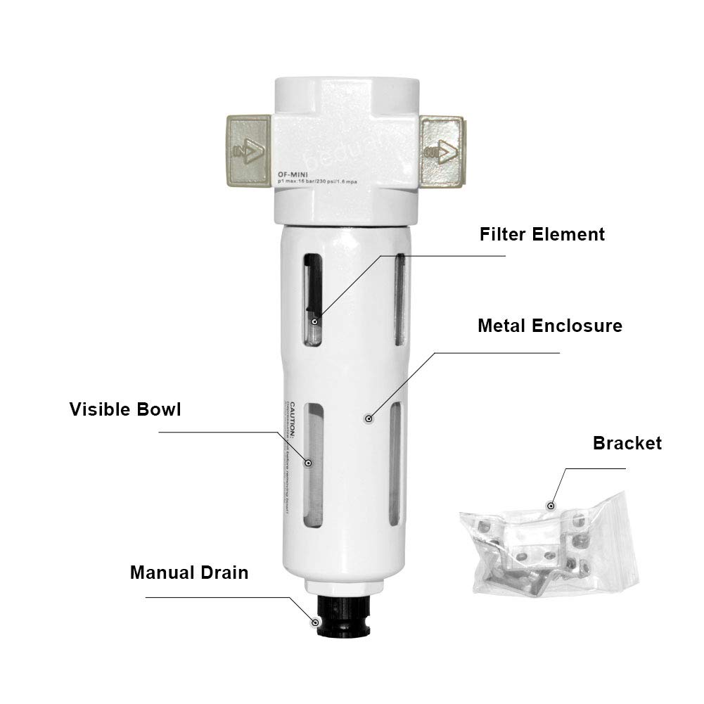 Beduan 1,27 cm Luft-Inline-Druckpartikelfilter, Feuchtigkeits-Wasserfangfilter mit sichtbarer Schüssel, halbautomatischer Ablauf (MIDI)