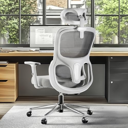 Hbada Cadeira de escritório P2, cadeira de computador com suporte lombar ajustável 3D, cadeiras de escritório ergonômicas giratórias, encosto de cabeça 2D ajustável com rodas de poliuretano branco
