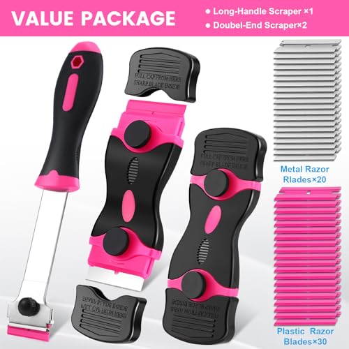AHFLRITO 3 Pack Razor Blade Scraper, Premium Razor Scraper Tool, Glass Scraper for Windows with 50 Metal & Plastic Razor Blades, Scraper Utility Knife for Cleaning Cooktop, Decals, Glass Top Stove - Thumbnail 5
