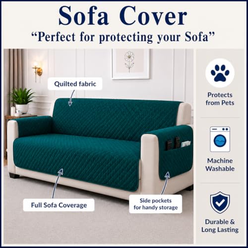 Image of STITCHNEST 'Airsoft Range Series' Solid Quilted Velvet Sofa Cover for 3 Seater | Premium Soft Velvet Sofa Protector | Castleton Green Diamond Quilted Design with Armrest Pockets | Furniture Cover