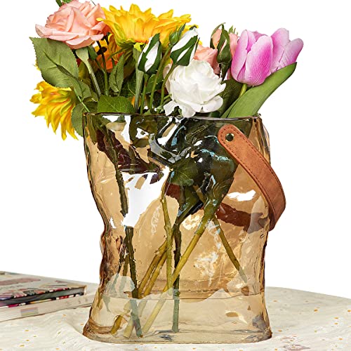 Handbag Shape Glass Vase, Clear Flower Vase With Leather Handle, Glass Purse Vase For Decor, Great For Floral Arrangement, Centerpiece, Home And Office (Large) #TOP5