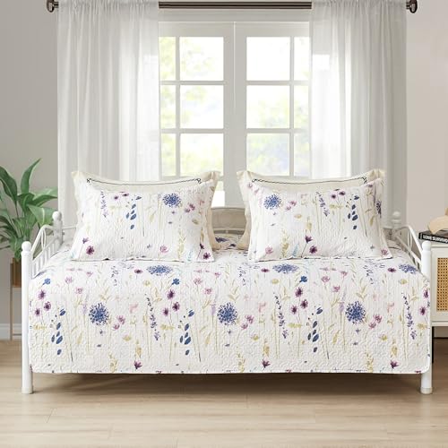 Image of Twin Daybed Cover Set Floral Daybed Bedding 3 Piece Reversible Cozy Day Bed Cover Double Sided Quilt Bedding Purple Flower DayBed Comforter All Season for Twin Bed with 2 Standard Shams,39 inchx75 inch
