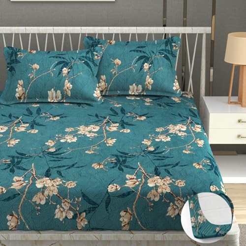 Image of Premium Heavy Cotton Elastic Fitted Bedsheets with 2 King Size Pillow Covers || Double Bed with All Around Elastic 350 TC || 72 x 72 x 10 Inch Queen Size Fitted || - Green Flower