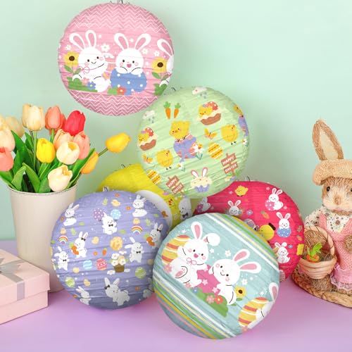 Image of Panelee 12 Pcs Easter Paper Hanging Lanterns Party Decorations 8 Inch Pastel Cute Bunny Round Lanterns for Easter Party Office Classroom Decorations Indoor Outdoor