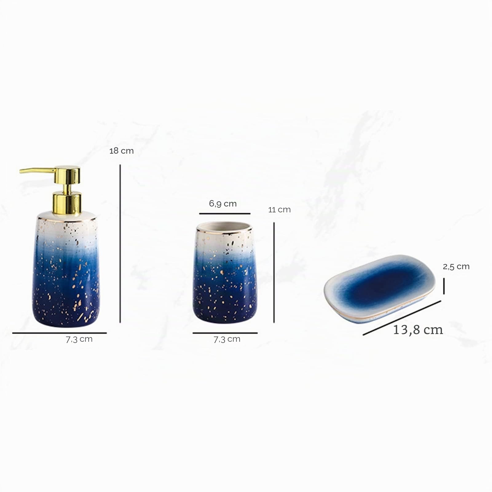 GIBZ Modernes Keramik 4-teiliges Badezimmer Zubehör Set Luxus Arbeitsplatten Zubehör Set Seifenschale, Zahnbürstenhalter, Seifenspender, Badezimmerbecher Blau