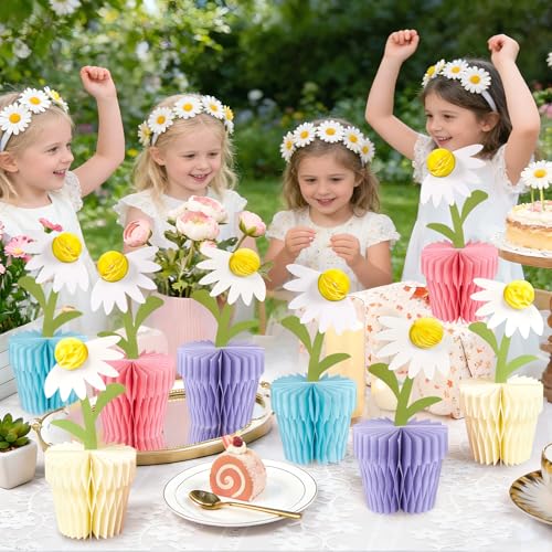 Image of 8Pcs Daisy Honeycomb Centerpieces Table Decorations 7 inch Flower Table Decor | Daisy Honeycomb Centerpieces set, 4 Pastel Colors, 3D Floral Daisy Centerpiece for Baby Showers, Birthdays, and Spring Party